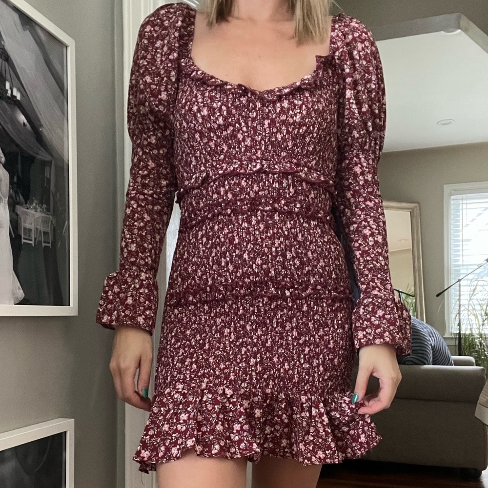 Burgundy ruffle mini dress with floral